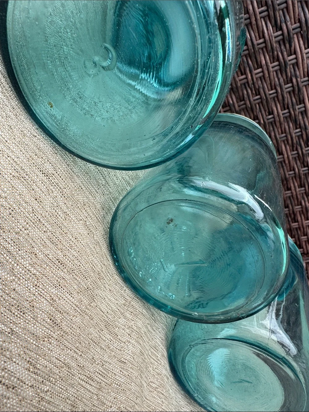 3 antique Pint Ball Perfect Aqua Blue Mason Jars with Zinc Porcelain Lids